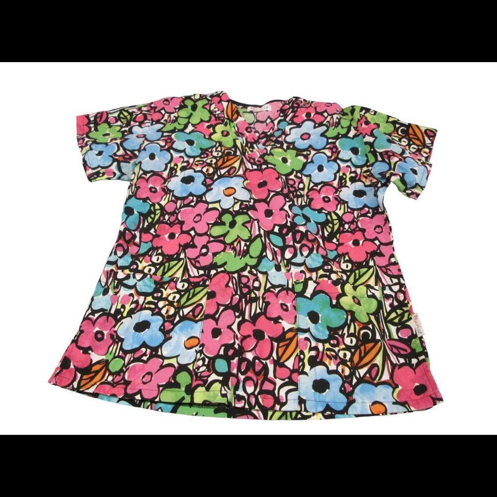 Peaches Womens Cartoon Floral Uniform Medical Scrub Top Nurse Work Wear Size XS​